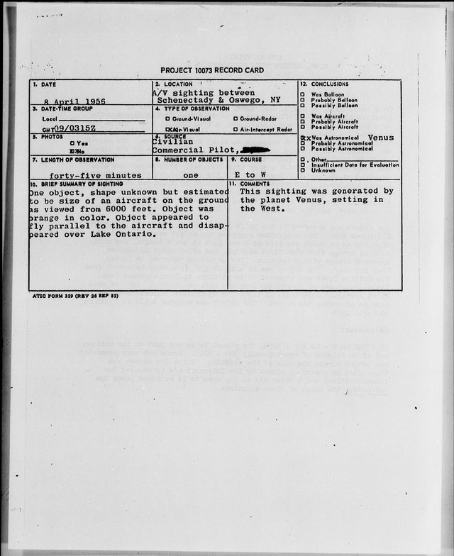 First page of the archive record A/V Sighting Between Schenectady & Oswego, NY, April 1956