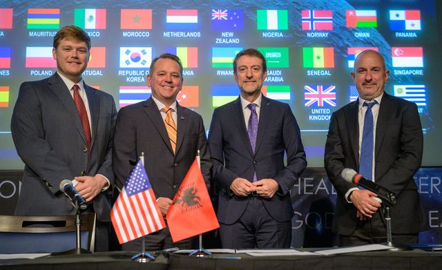 U.S. Deputy Assistant Secretary of State for Space and Environment Connor Tomlinson, left, NASA Deputy Administrator Matt Anderson, Albania’s Minister for Europe and Foreign Affairs Ferit Hoxha, and Ambassador of the Republic of Albania to the United States Ervin Bushati, right, are seen at the conc