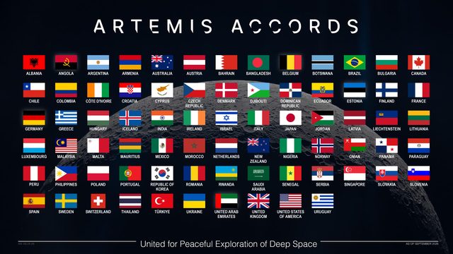 This graphic displays the flags of the nations that have signed the Artemis Accords against a background image of the Moon in the blackness of space. The graphic is titled “Artemis Accords.” The words, “United for Peaceful Exploration of Deep Space” appear on the bottom of the image.