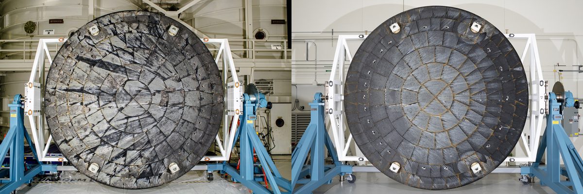 Side‑by‑side comparison of the heat shield backshell panels for NASA’s Artemis I and Artemis II missions. The left panel, labeled “Artemis I,” shows a circular heat shield with dark, irregularly weathered tiles. The right panel, labeled “Artemis II,” displays a similar circular heat shield with newe