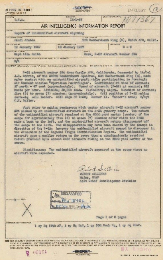 Scanned Air Force form, Air Intelligence Information Report, Report of Unidentified Aircraft Sighting, Saudi Arabia, January 1957, stamped declassified