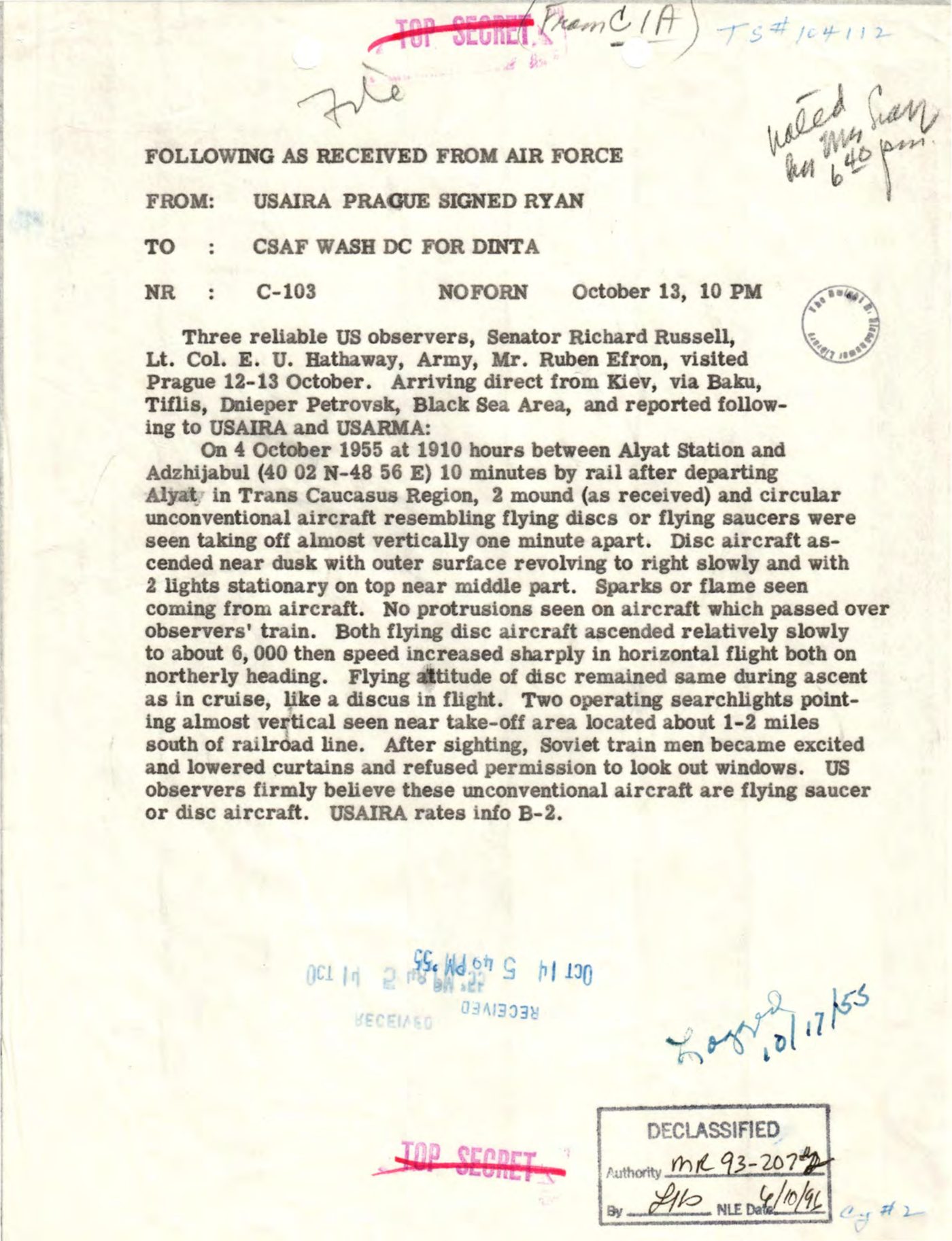 USAIRA Prague message regarding unconventional aircraft sighting, routed to the NSC