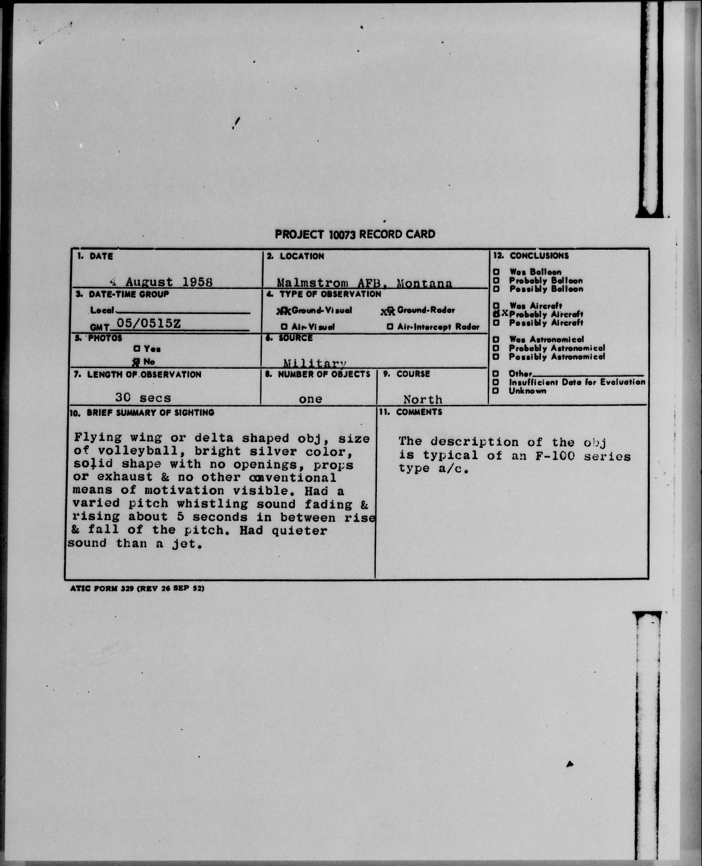 Project Blue Book case file — Malmstrom AFB, Montana, August 1958