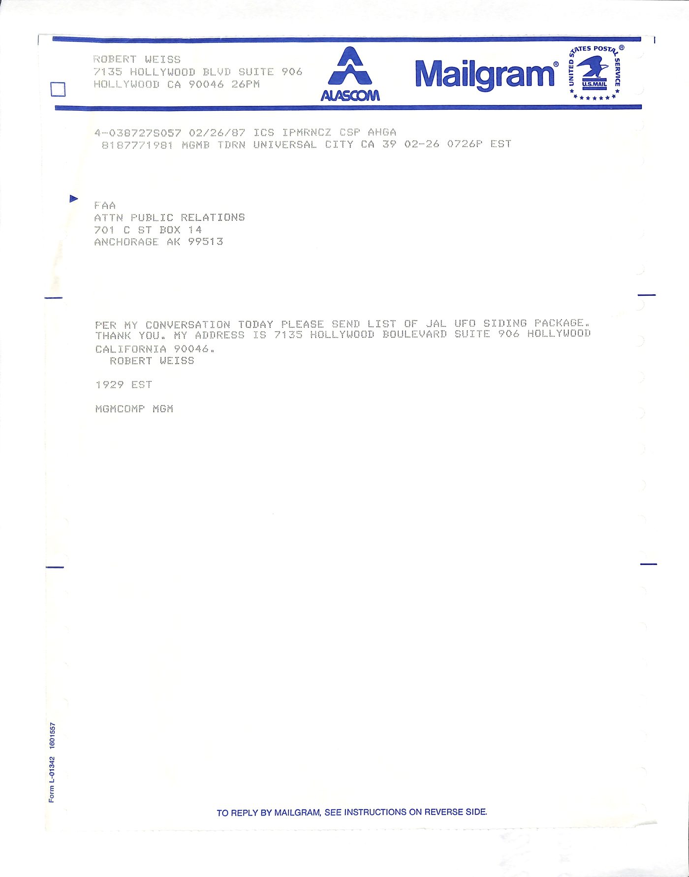 FAA UFO correspondence from the 1970s