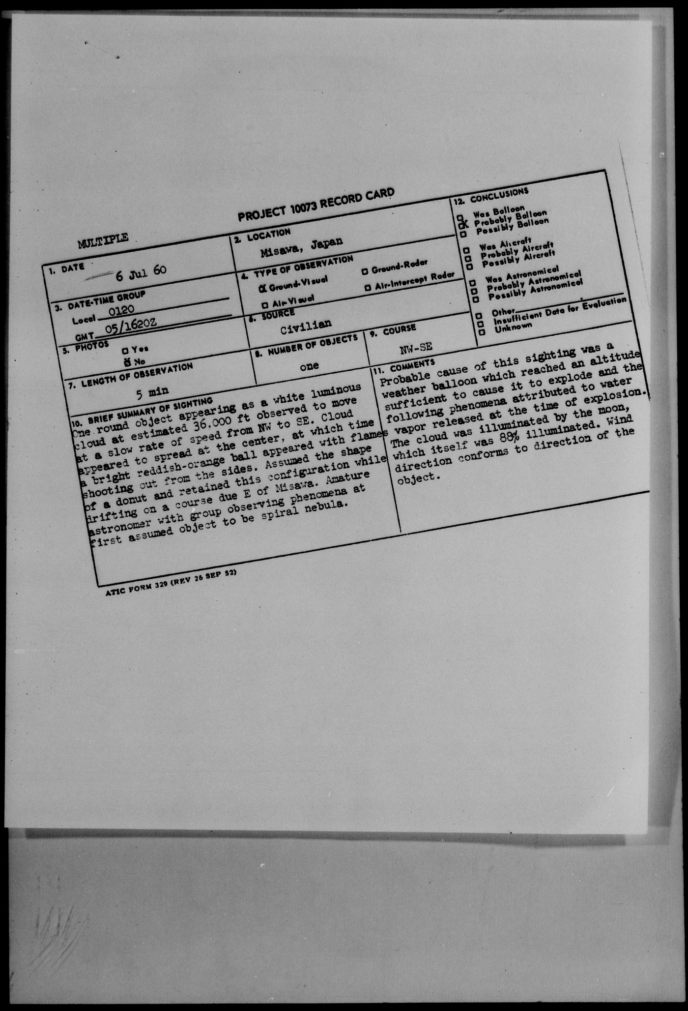 Project Blue Book Case File, Misawa, Japan, July 1960