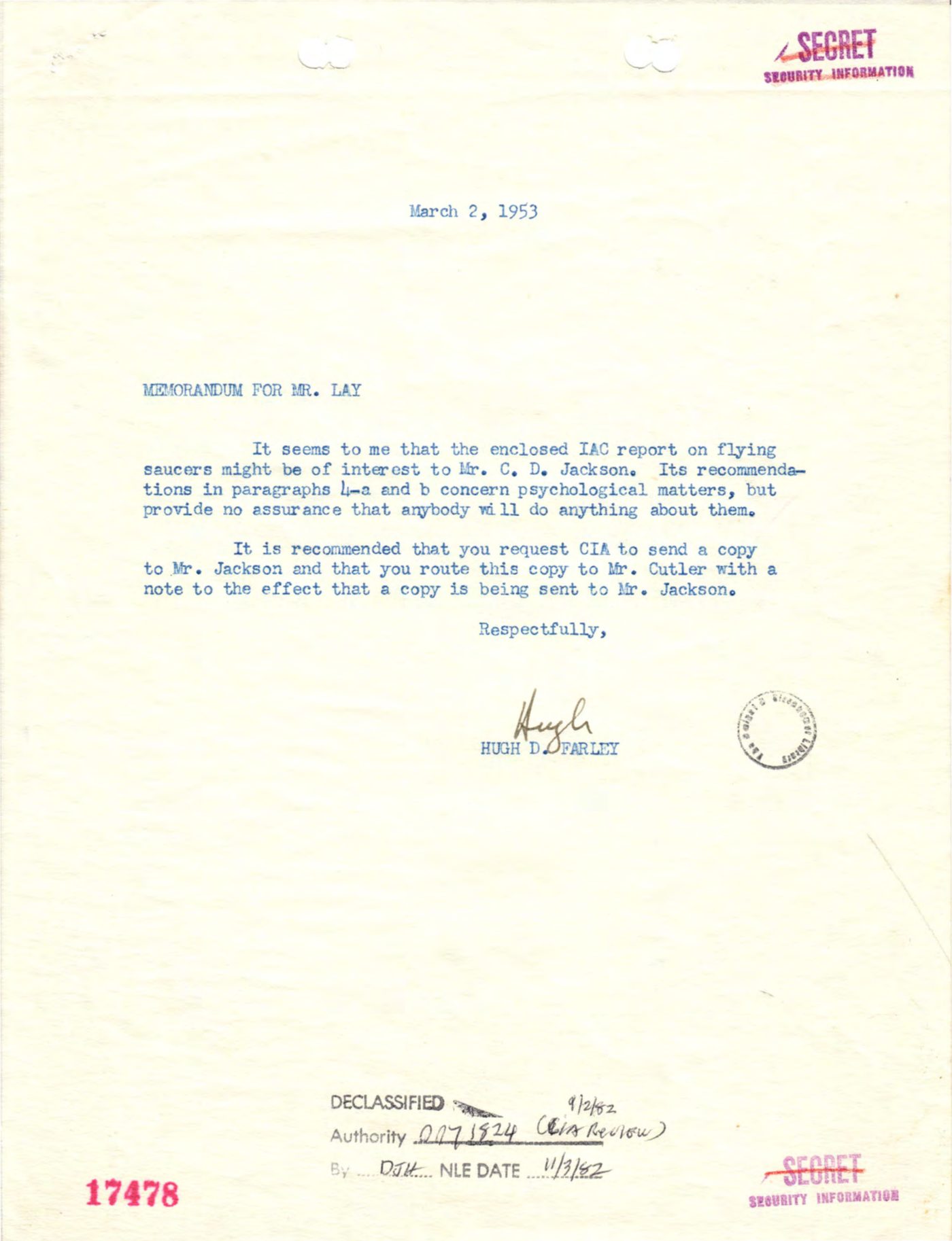 Memorandum for James Lay — NSC Registry Files, page 1