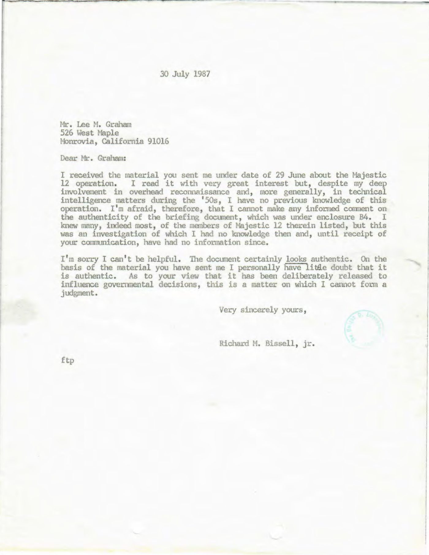Letter from Richard M. Bissell regarding Majestic 12