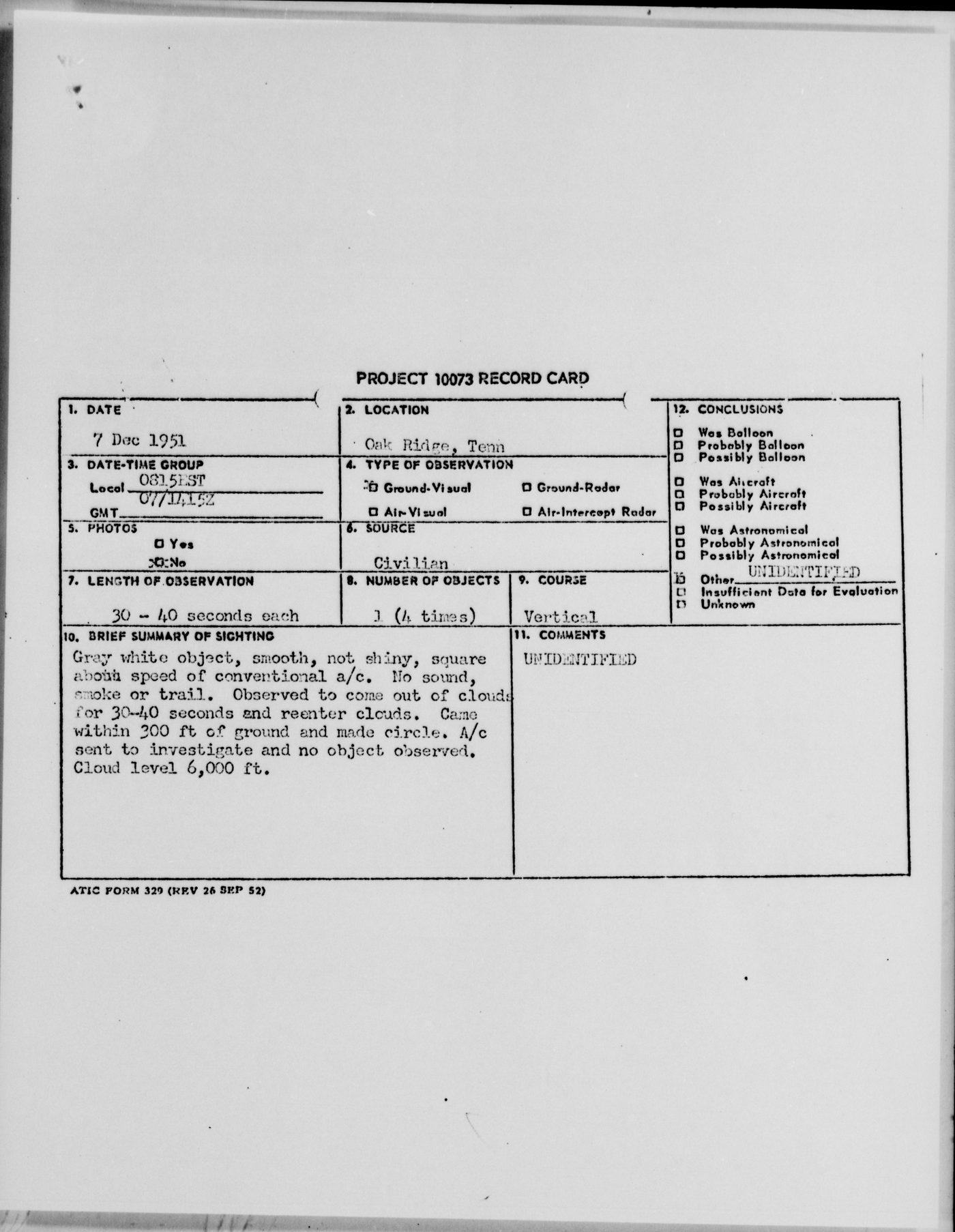 Oak Ridge UFO Report