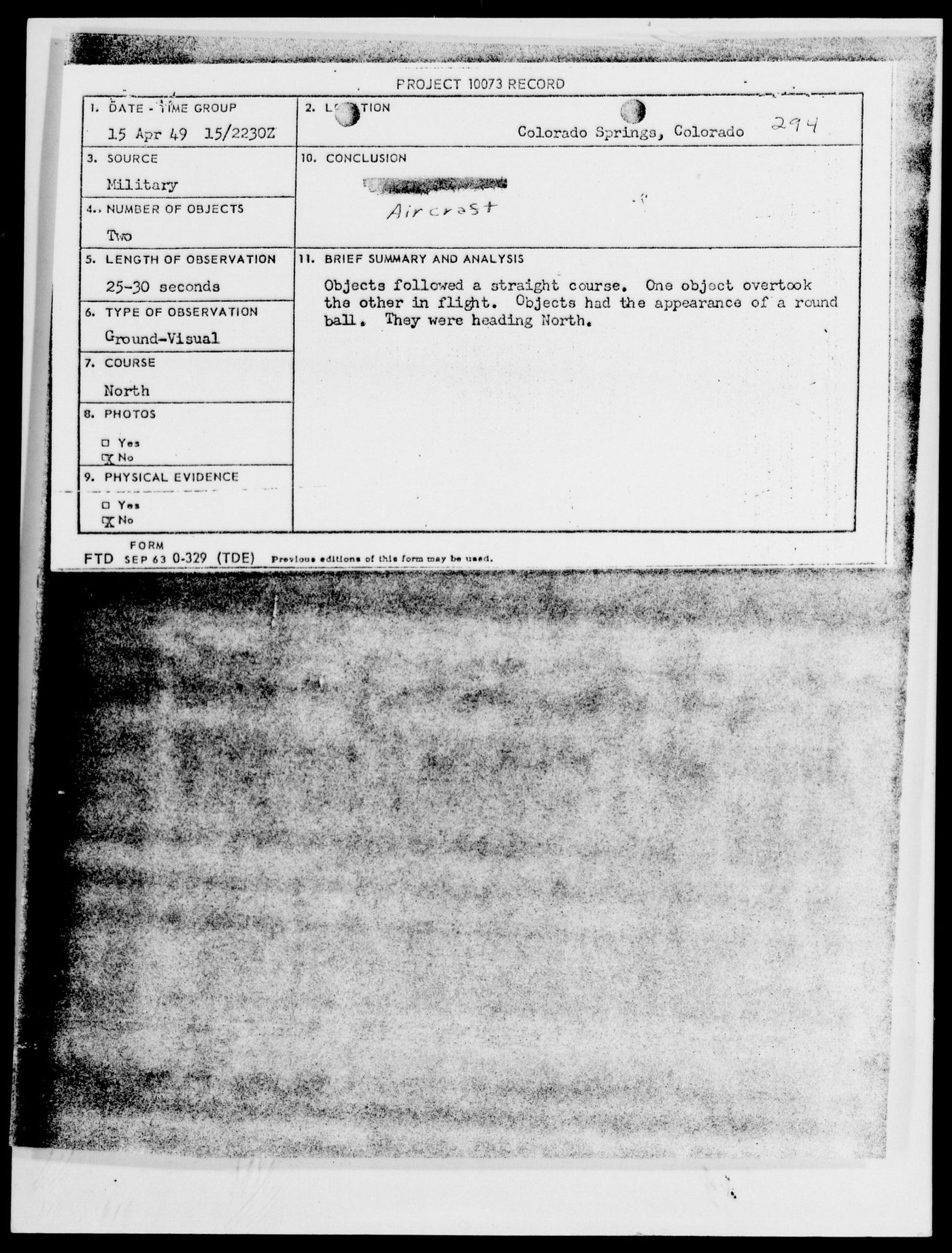 Project Blue Book case file from Colorado Springs, 1949
