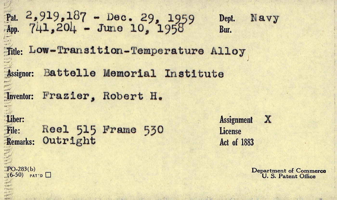 Battelle Memorial Institute entry, Index to Patent Assignments by Government Licensees, RG 241