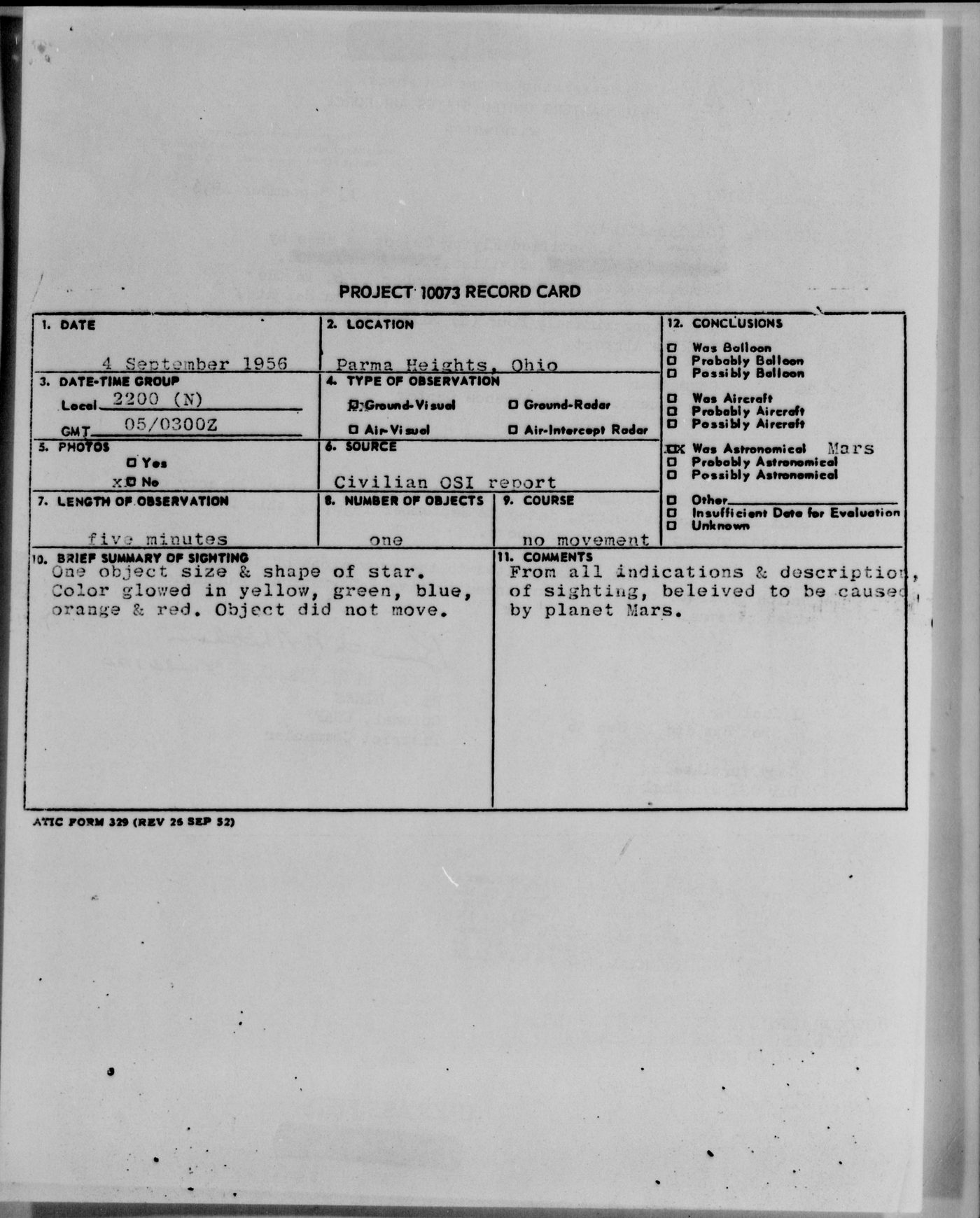 Project Blue Book case file — Air Force letterhead, 1956