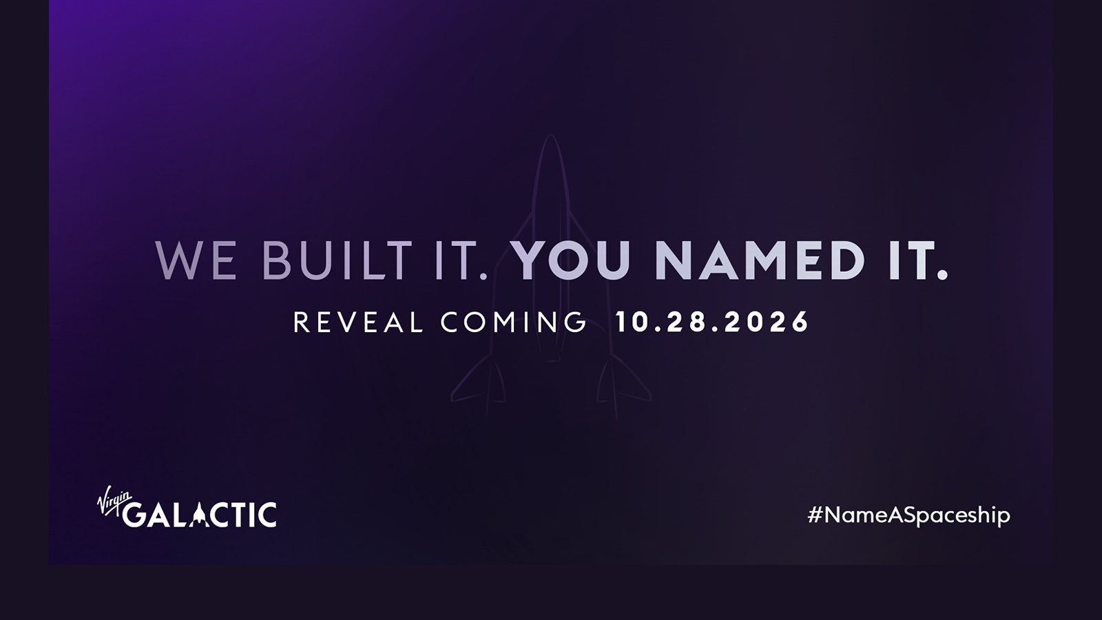 A purple card reading "We built it. You named it. Reveal coming 10.28.2026" over the faint outline of a spaceship.
