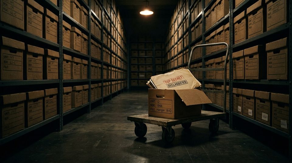 Illustration: a dim archive aisle of file boxes on steel shelves, one box open on a cart under a single lamp.