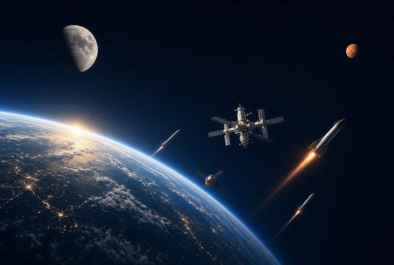 Illustration: Earth's night side and its glowing horizon, with the Moon, Mars, a space station, a satellite and rockets climbing between them.