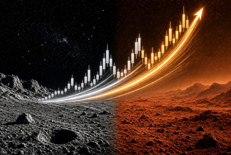 Illustration: a rising candlestick chart and a glowing arrow sweeping from grey lunar ground to the red ground of Mars under a starry sky.
