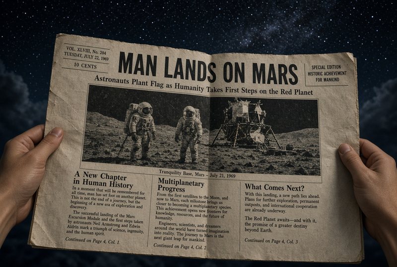Illustration: hands holding an imagined old newspaper whose front page reads Man Lands on Mars, under a starry sky.