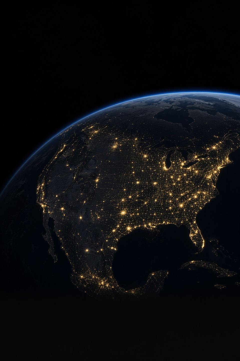 Illustration: the night side of North America seen from orbit, city lights under a thin blue atmosphere.