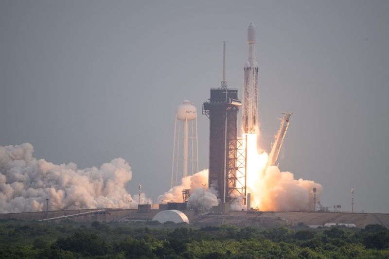 A Falcon Heavy lifting off with NASA's Psyche spacecraft on October 13, 2023.